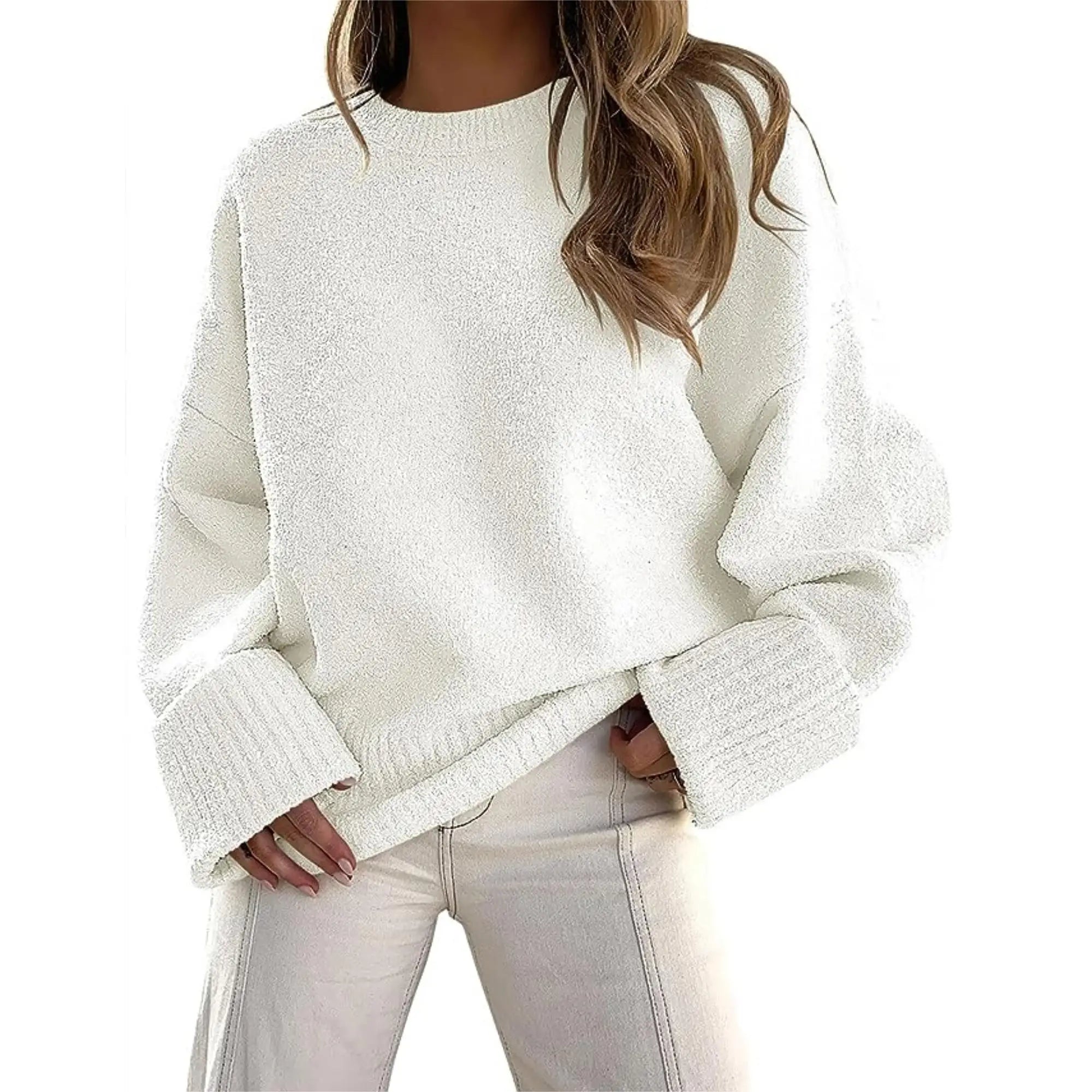 Women's Crewneck Long Sleeve Oversized Fuzzy Knit Chunky Warm Pullover Long Sleeve Sweater Top