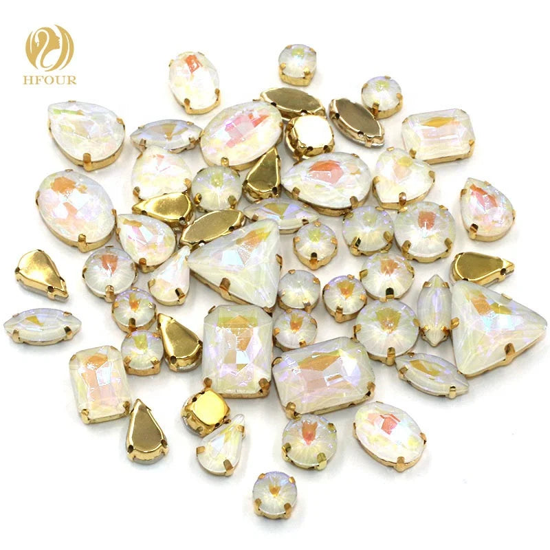 Wholesale White AB Mocha AB Color Mixed Shape Sewn Rhinestones With Golden Claws for Decoration