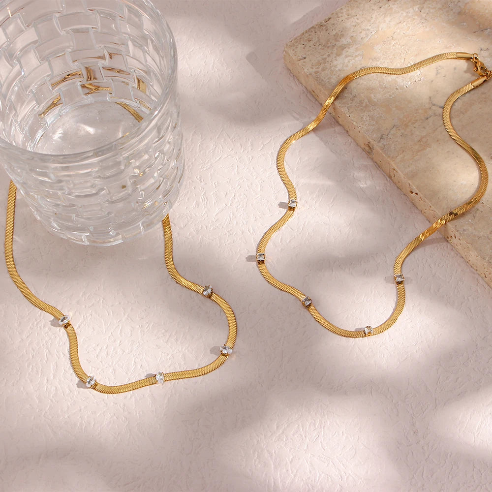 Shining Zircon Stainless Steel Choker Necklace Gold Plated Snake Chain Necklace Women Jewelry