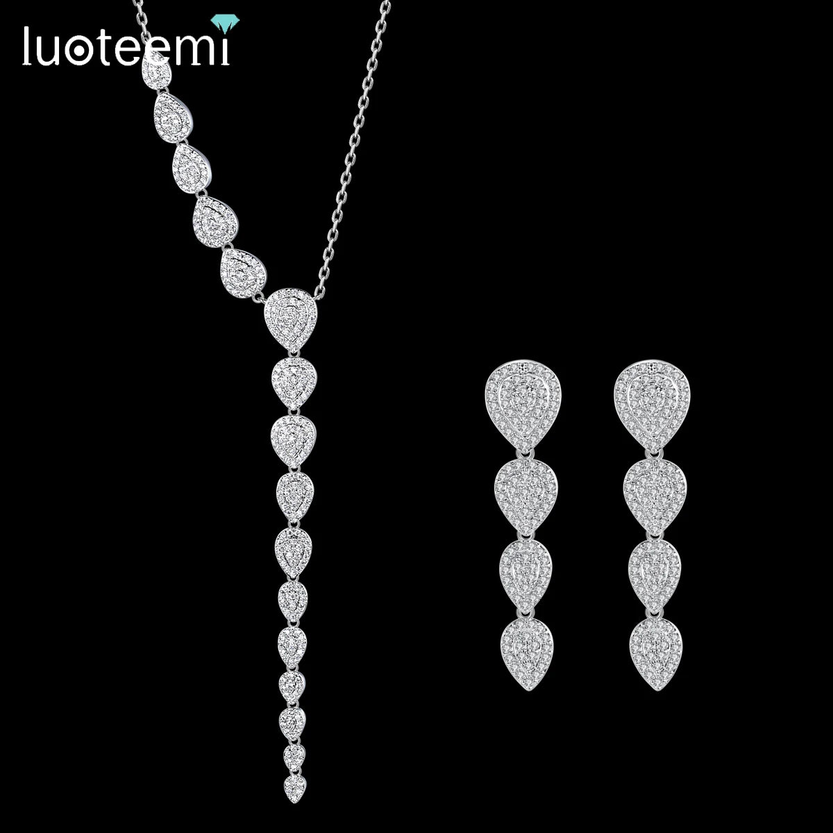 LUOTEEMI Water Drop Earring Accessory Brand Pendant Necklace Cz Wedding Earing Set Luxury Designer Jewelry