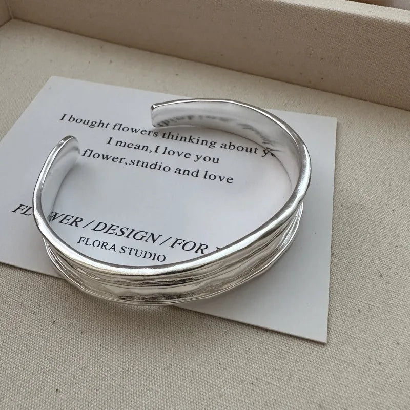 Fine Jewelry 925 Sterling Silver Cuff Bracelet Bangle Fold Texture Hammered Jewelry Design