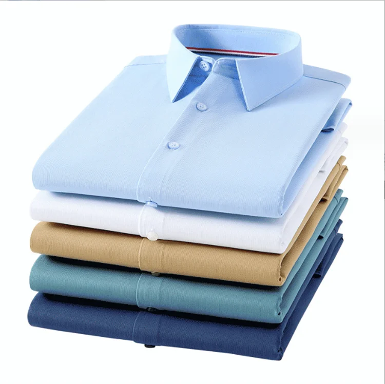 Men's Pocket-less Solid Color Bamboo Fiber Long Sleeve Shirt Elastic Anti-wrinkle Business Casual Shirt