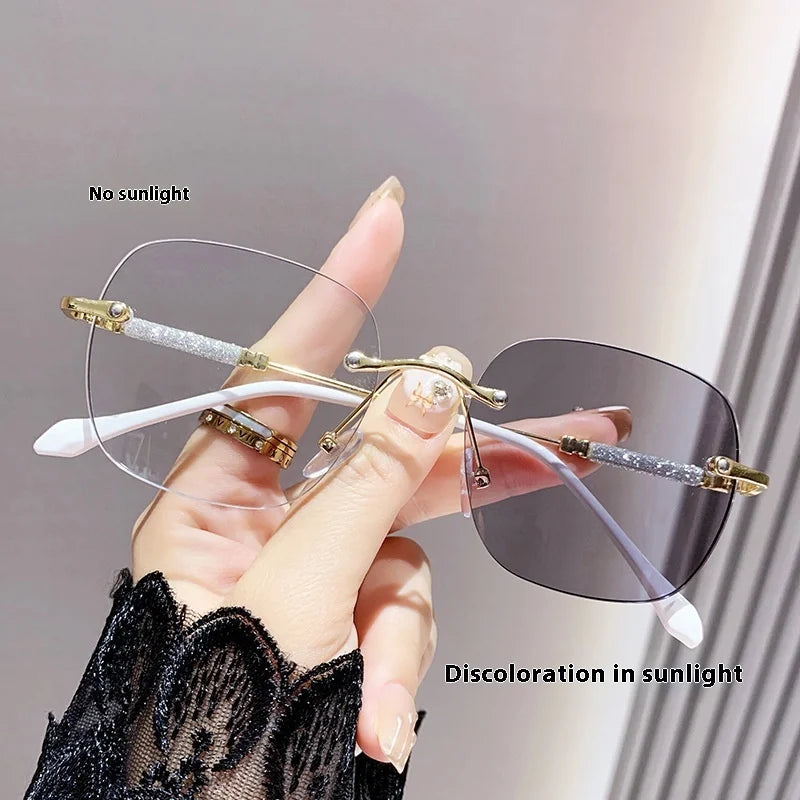 Frameless Anti-Blue Light Myopia Glasses Unisex Slimming Large Frame Photographic Discoloration Diamond Face