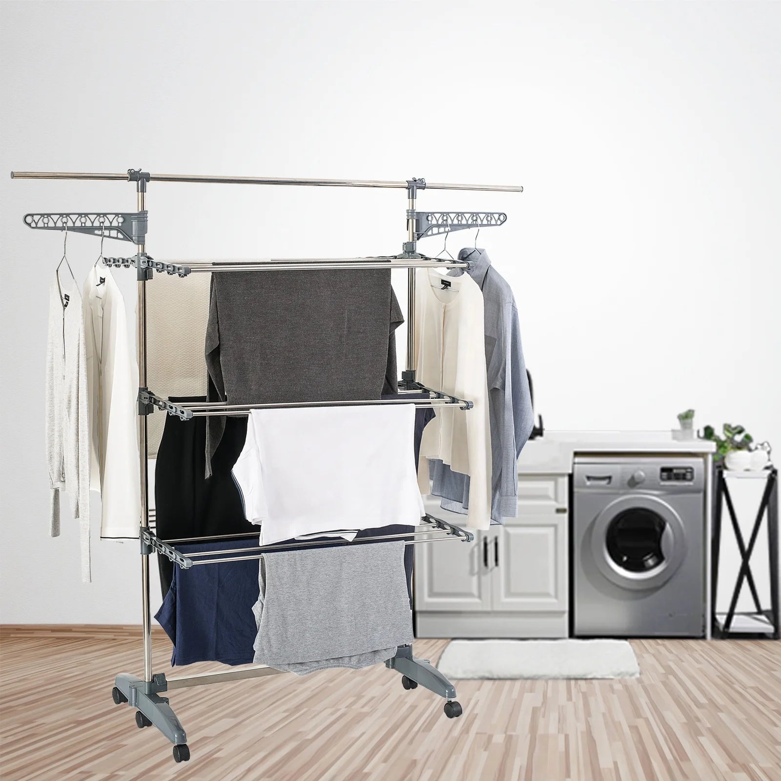 Folding Cloth Drying Rack 3 Tier Stainless Steel Clothes Dryer Rack Extendable Big Size Indoor Outdoor