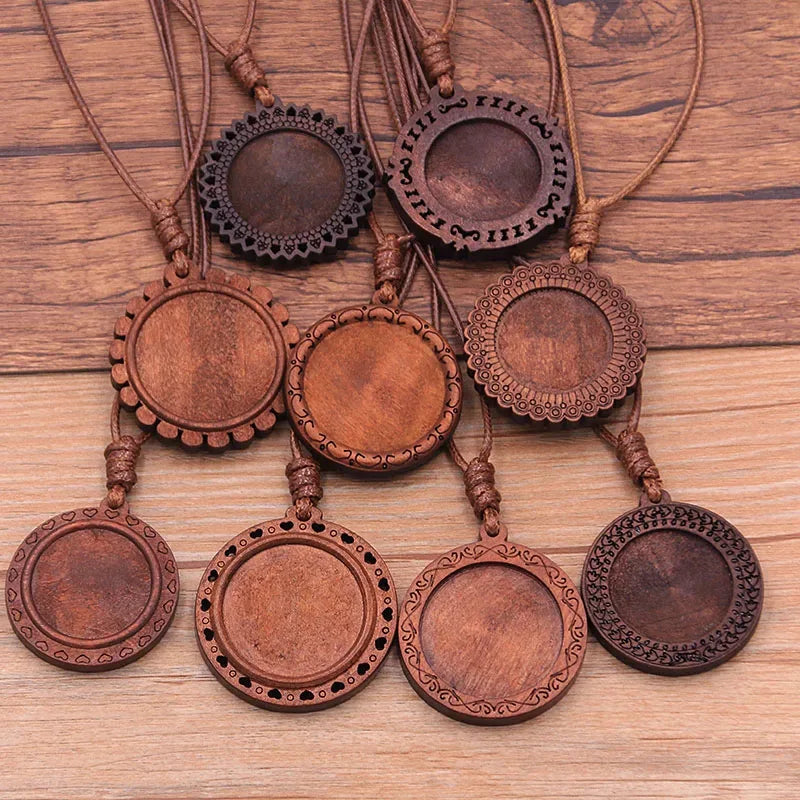 13-piece Eco-Friendly Folk Art DIY Time Gemstone Jewelry Set Wooden Base Hollow Printed Lace Bottom Necklace