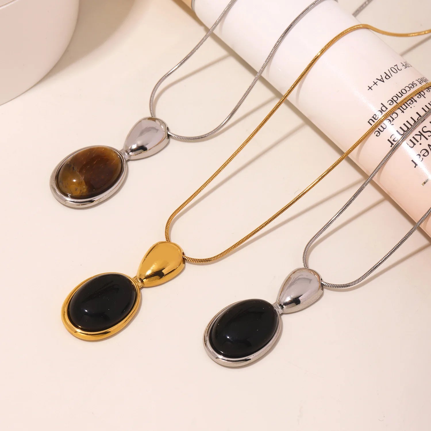 New Fashion Sweater Chain Luxury Stainless Steel Gold Plated Agate Jewelry Agate Stone Necklace for Women