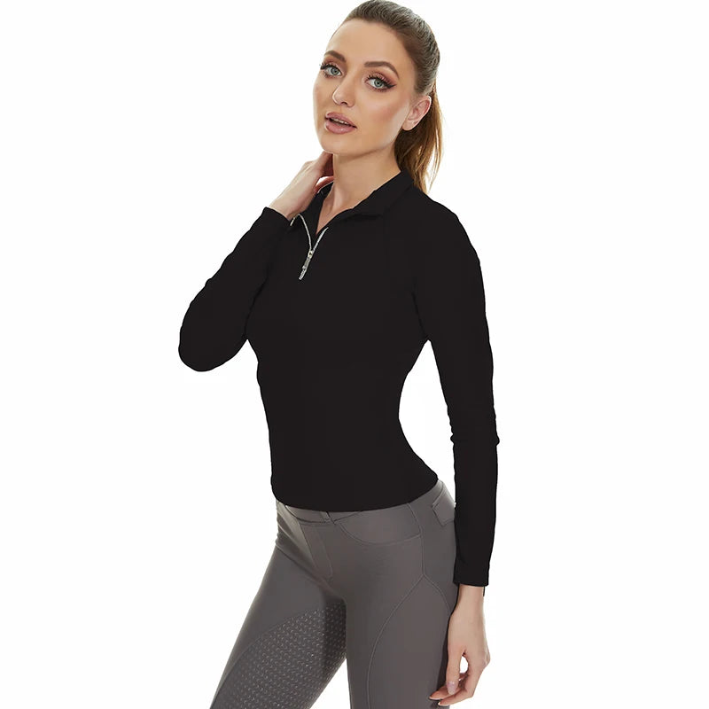 Female Zipper Equestrian Shirts Apparel Baselayer Horseriding Sweat-wicking Woman Ready to Ship 1pc Long Riding Base Layer Black