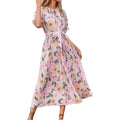 Women Summer Elegant Floral Pleated Dresses Pink Green Long Boho Belt Dress With Short Ruffle Sleeve Holiday Beach Clothes S-XL