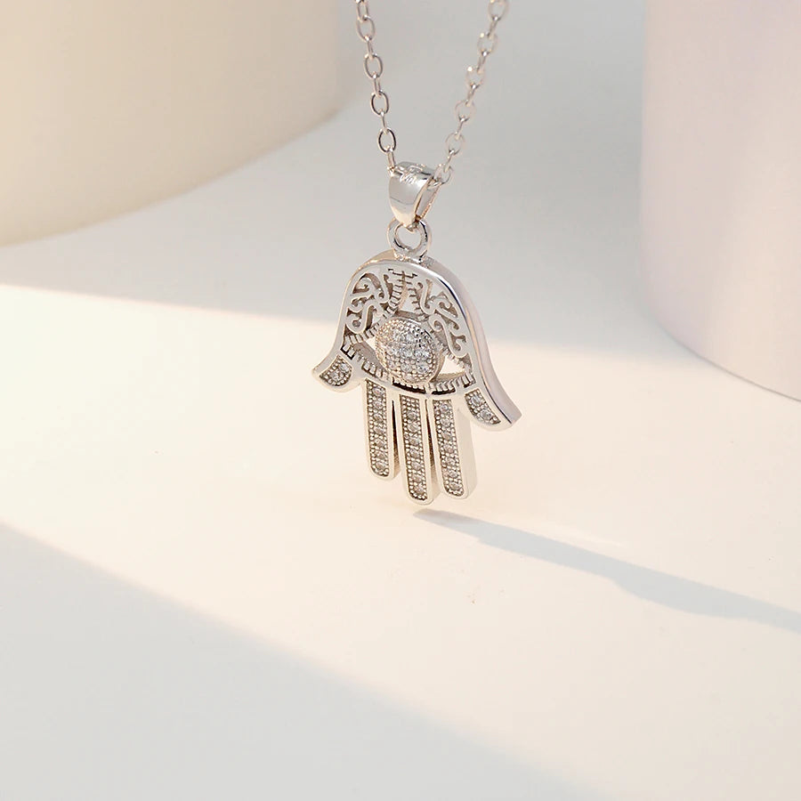 PZF-1069 Fashion 925 Silver Jewelry Hamsa Hand Pendant Necklace Fine Fatima Hands Charms Choker Evil Eeys Necklace
