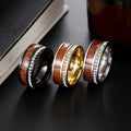 Men's Stainless Steel & Titanium Wood Grain Adjustable Ring with Zircon Black Engagement Gift Jewelry for Couples