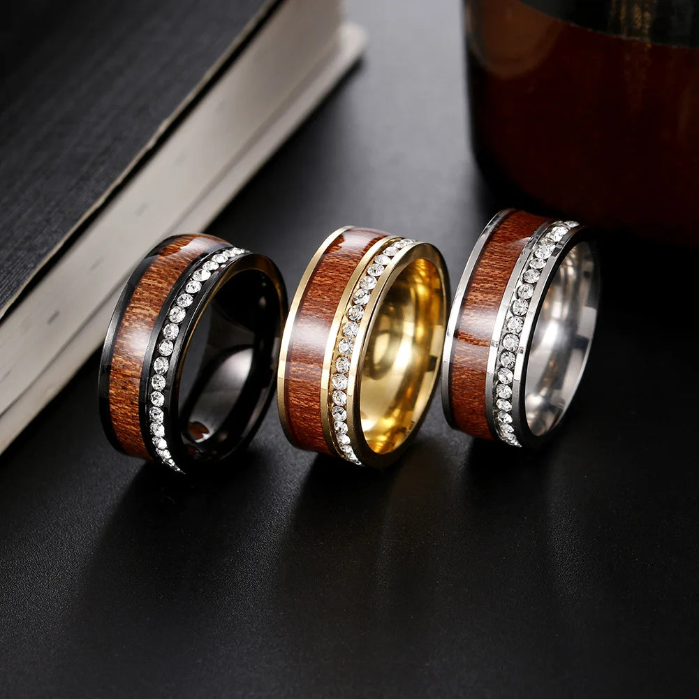 Men's Stainless Steel & Titanium Wood Grain Adjustable Ring with Zircon Black Engagement Gift Jewelry for Couples