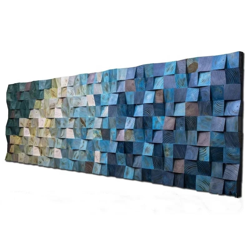 Blue Beach Wooden Decor Wall Art Rustic Wooden Mosaic Sea Side Wood Sculpture Reclaimed Modern Art Wall Hanging Painting