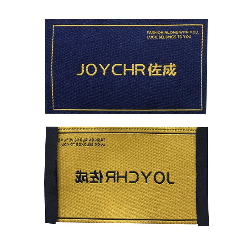 Standard Size Double Sides Sewed Woven Label Fabric Lurex Thread Custom Printed Logo Cotton Cloth Tags Sewing Label Neck Labels