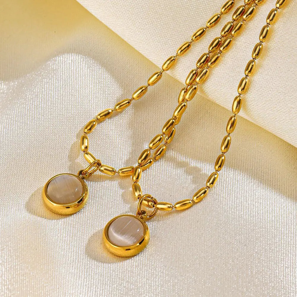 Nabest Stainless Steel Circle Cat Eyes Stone Pendant Necklace French Choker Women 18K Gold Plated Simple Necklace Jewelry