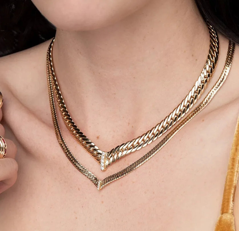 New Fashion Simple V-shaped Zircon Necklace Retro Trend Waterproof Stainless Steel Collar Chain Flat Snake Chain Fashion Jewelry