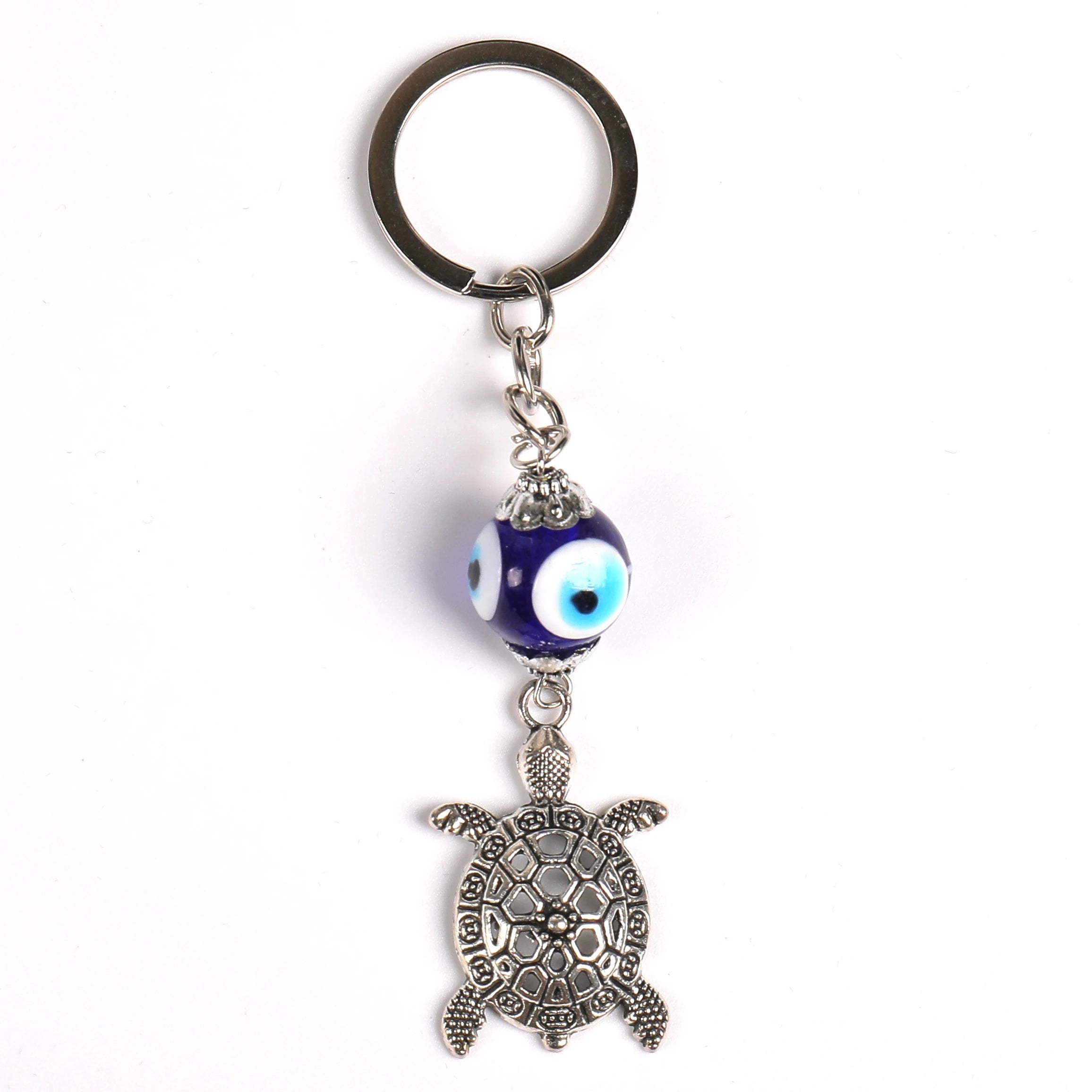 Antique Sliver Alloy  Cute Turtle Pendant with Blue Glass Turkish Evil Eye Bead of Key Chain Hanging