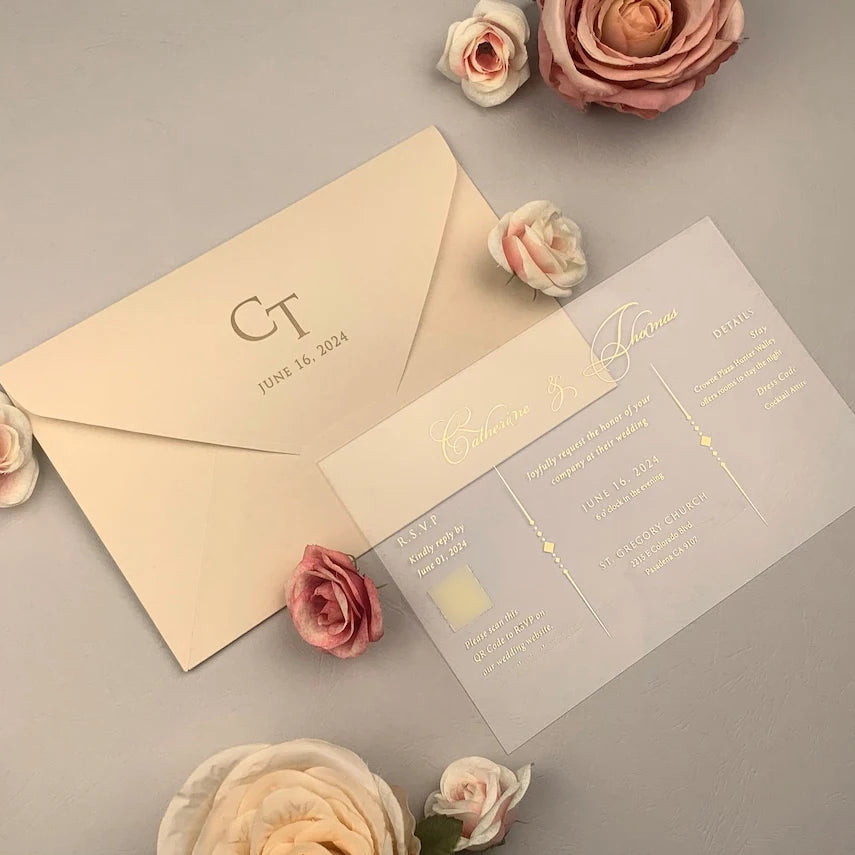 Peach Color Chinese Factory Baptism Invitations Card Custom Acrylic Transparent Wedding Invitation Card
