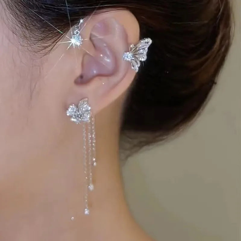 New Design Crystal Butterfly Cuff Earrings Flower Tassel No Piercing Zircon Butterfly Ear Clip Earring for Women