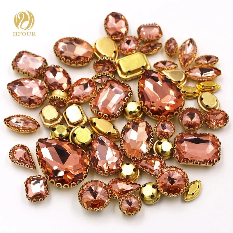 HFour New 3D Water Red Glass Mixed Crystal Loose Sew-on Flatback Rhinestones 9 Facets Mixed Shapes Golden Lace Claw Dress