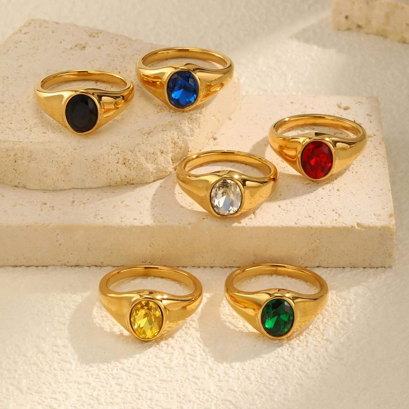 New Arrival 18K Gold Plated Stainless Steel Simple Ring Women's Trendy Oval Black Zircon Wedding Ring Tarnish-Free PVD Jewelry