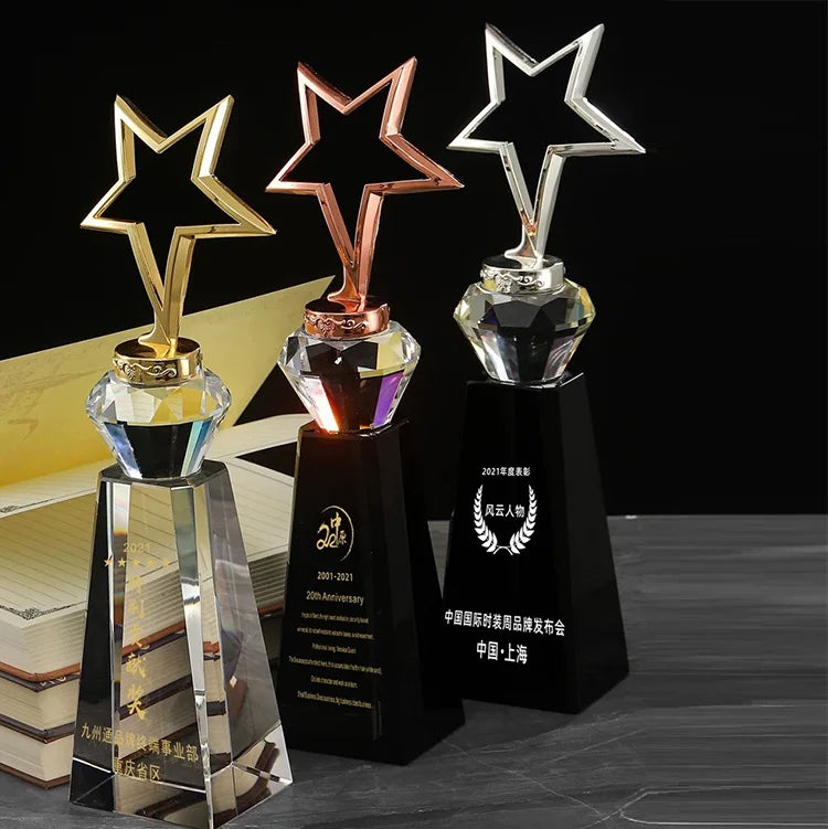Gold Silver Bronze Metal Star on Black and Clear Base Crystal Glass Awards Trophy MH-J0015