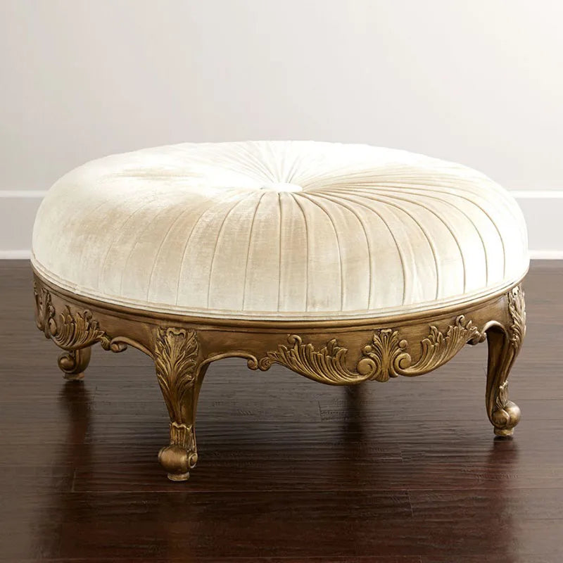 Modern Luxury Round Ottoman Stool Solid Wood with Soft Fabric for Entry School or Apartment Mid for Century Velvet Footstool