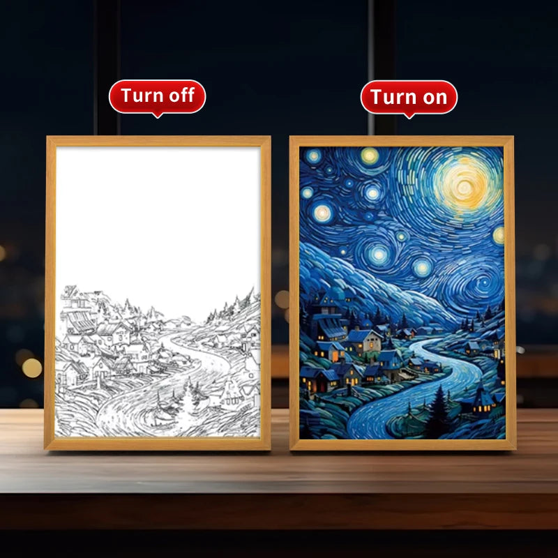 Wooden A4 Photo Frame Art Theme Romantic Starry Sky LED Wall Light Dimmable Tricolor Rectangular Watercolor Decorative Paper