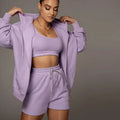 Custom Women's Solid Style Above Knee Knitting Hoodie Shorts Gym Wear 3-Piece Summer Sets Casual Pattern Sports Sweatsuit