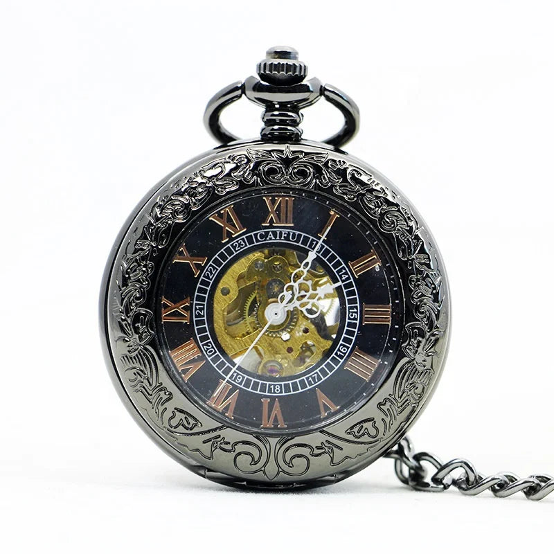 Antique Black Embossed Transparent Mirror Dial Roman Numeral Mechanical Pocket Watch BoShiYa