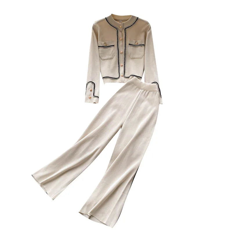 Women's Clothing Mature Women's Knitting Set Autumn Fashion Cardigan Wide Leg Pants Two Piece Set Knitted Sweater