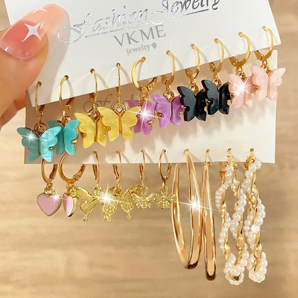 VKME Fashion Colorful Butterfly Acrylic Resin Butterfly Earrings Pearl Hoop Earrings Set for Women Jewelry