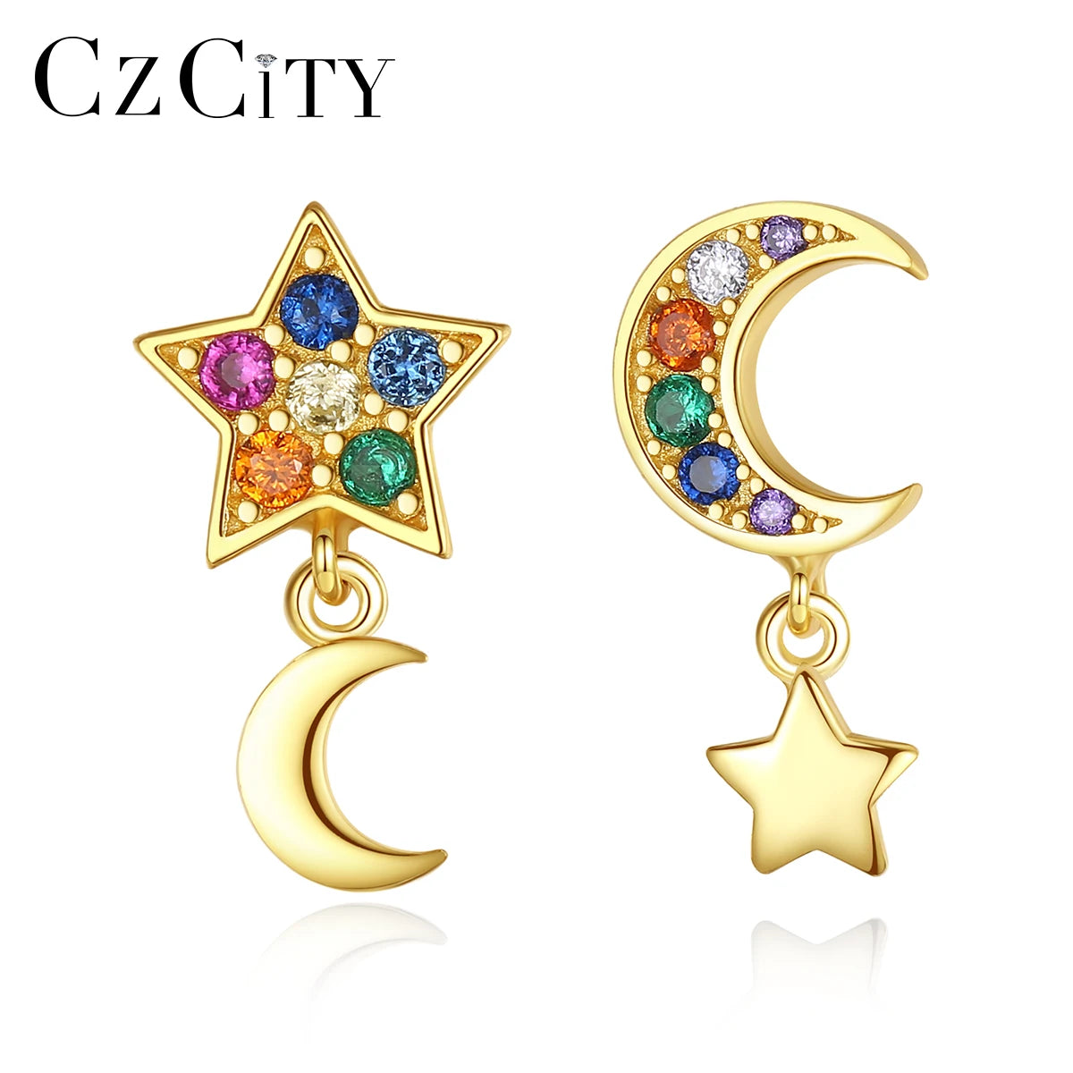 CZCITY Moon and Star Modern Ladies Earrings Rainbow CZ Stone Cubic Zirconia Women Small Jewelry