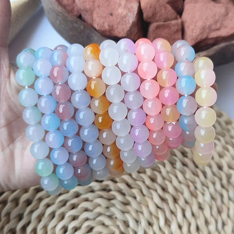 Wholesale 12mm Handmade Beaded Stretch Bracelet Summer Translucent Peach Pink Gradient Crystal Glass Beads Bracelet for Girls