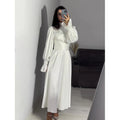 Elegant Muslim Satin Dress Womens Clothing Bow Soft Solid Color Ruffled Dress Long Sleeve Ruched Long Dress