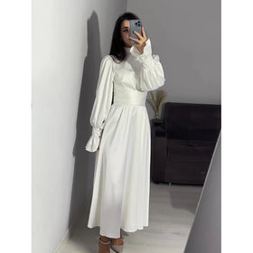 Elegant Muslim Satin Dress Womens Clothing Bow Soft Solid Color Ruffled Dress Long Sleeve Ruched Long Dress