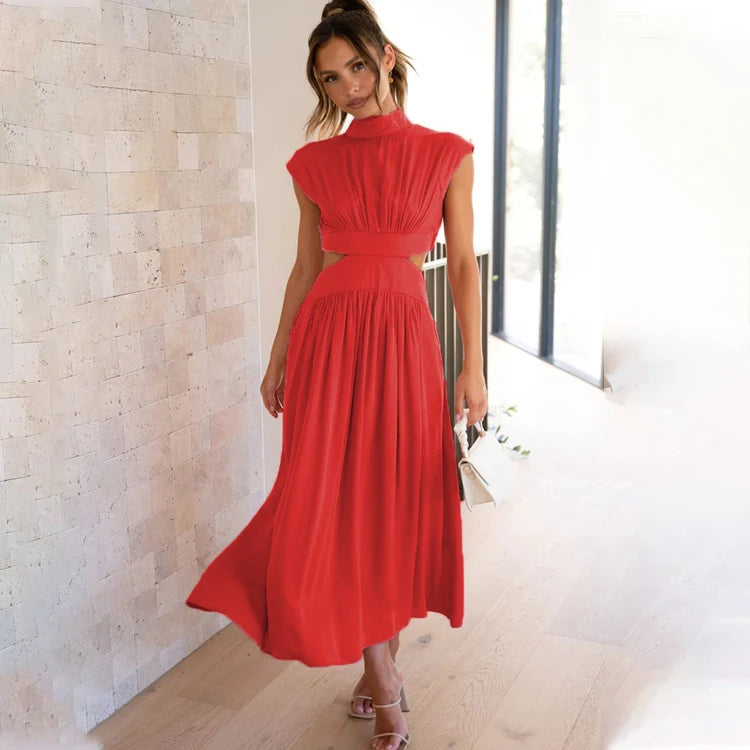 New Summer Women Woven Washable Short Sleeve V-neck Solid Color Fashion Natural Waist Elegant Modest Vintage Casual Dresses