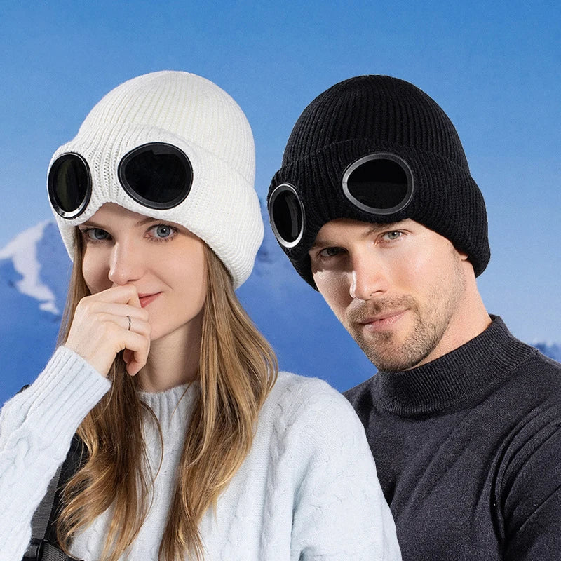 Winter Warm Windproof Goggle Plush Lining Ribbed Acrylic Ski Knitted Skull Cap Hat Beanies With Goggles
