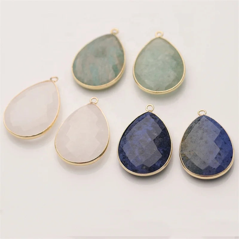 Natural Stone Teardrop Shape Pendant Faceted Gemstone Charm With Brass Gold Plated Connector for Jewelry Making