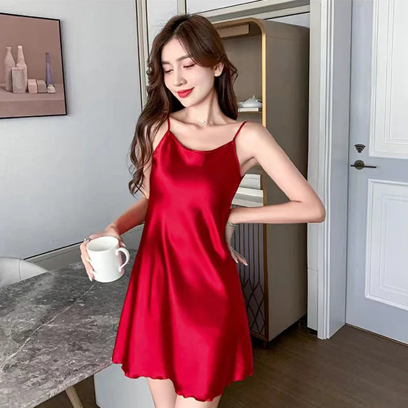 Summer Ice Silk Sexy Tracksuit Suspenders Vest Pajamas Can Be Worn Outside Bottoming Women Satin Nightdress Sleepwear