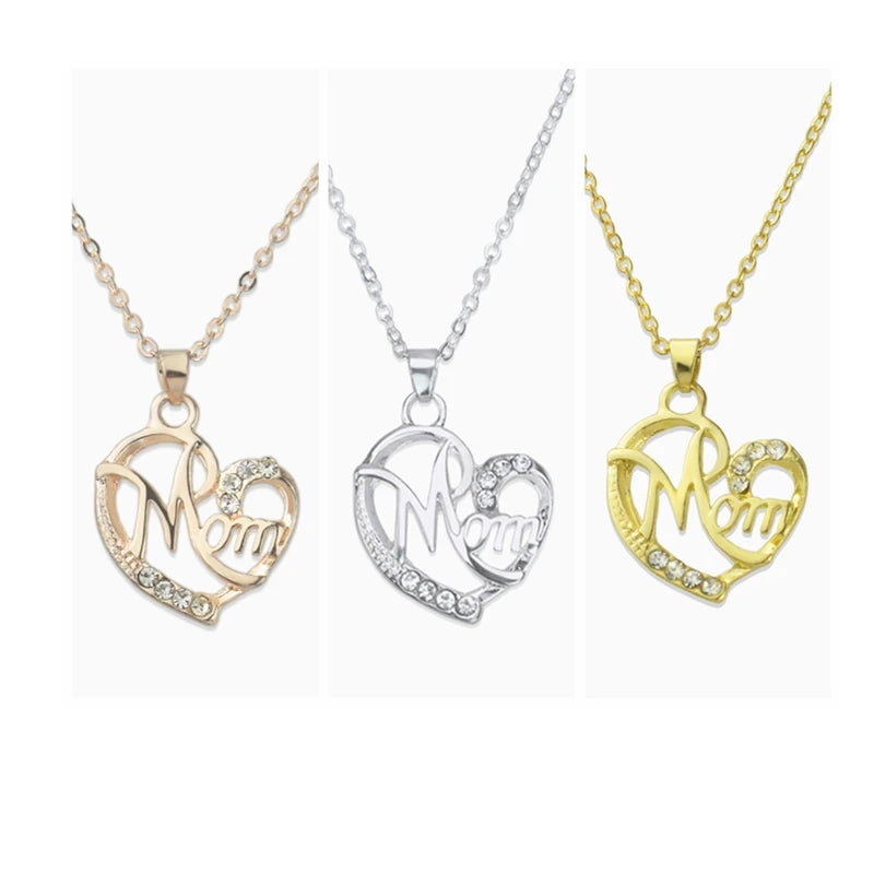 MOM Rhinestone Heart Shaped Pendant Alloy Link Chain Fashion Women Maternal Love Jewelry Romantic Style Wedding Anniversary Gift