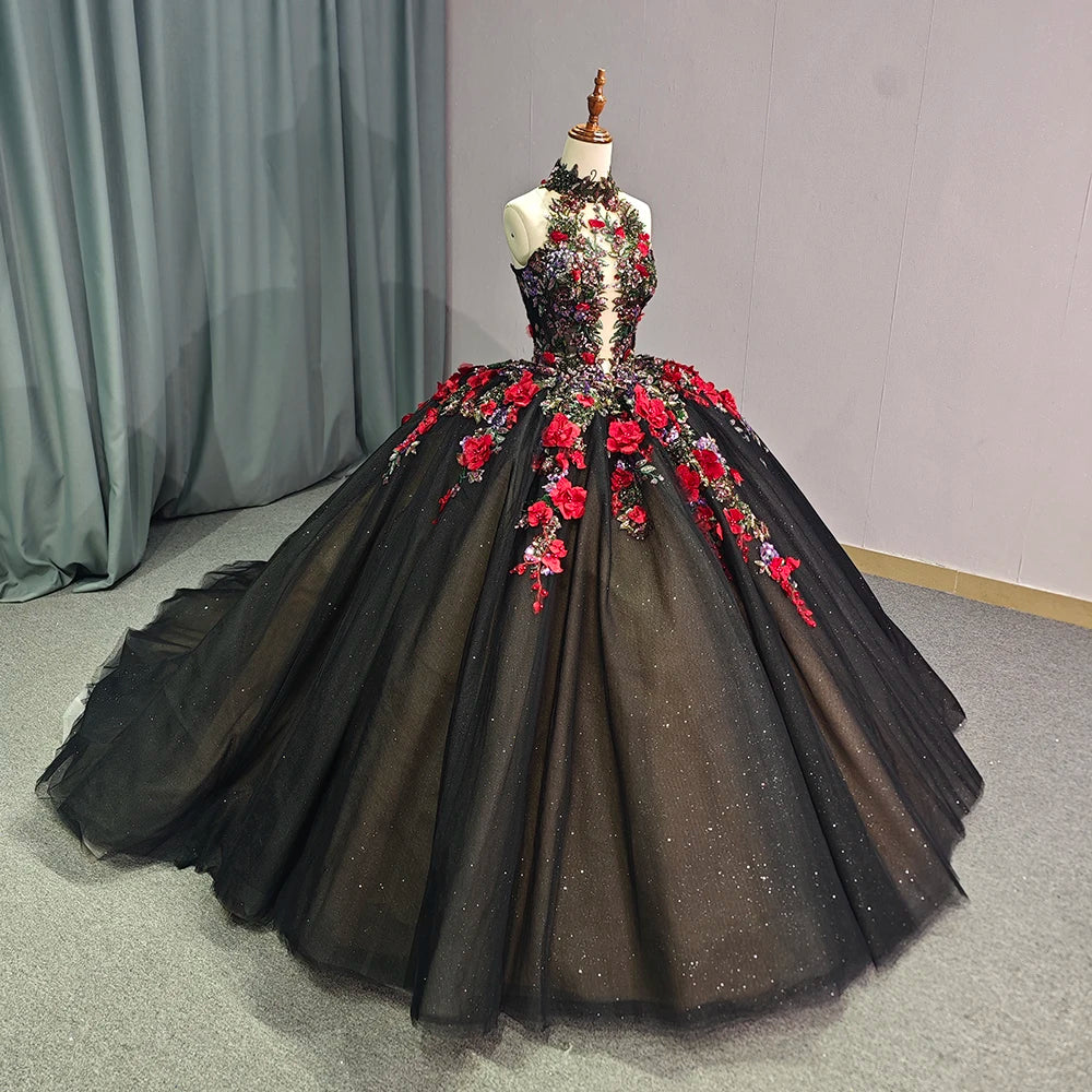 Jancember 1250 Glitter Halter Black Appliqued Flower Long Tail Quinceanera Dresses for Girls
