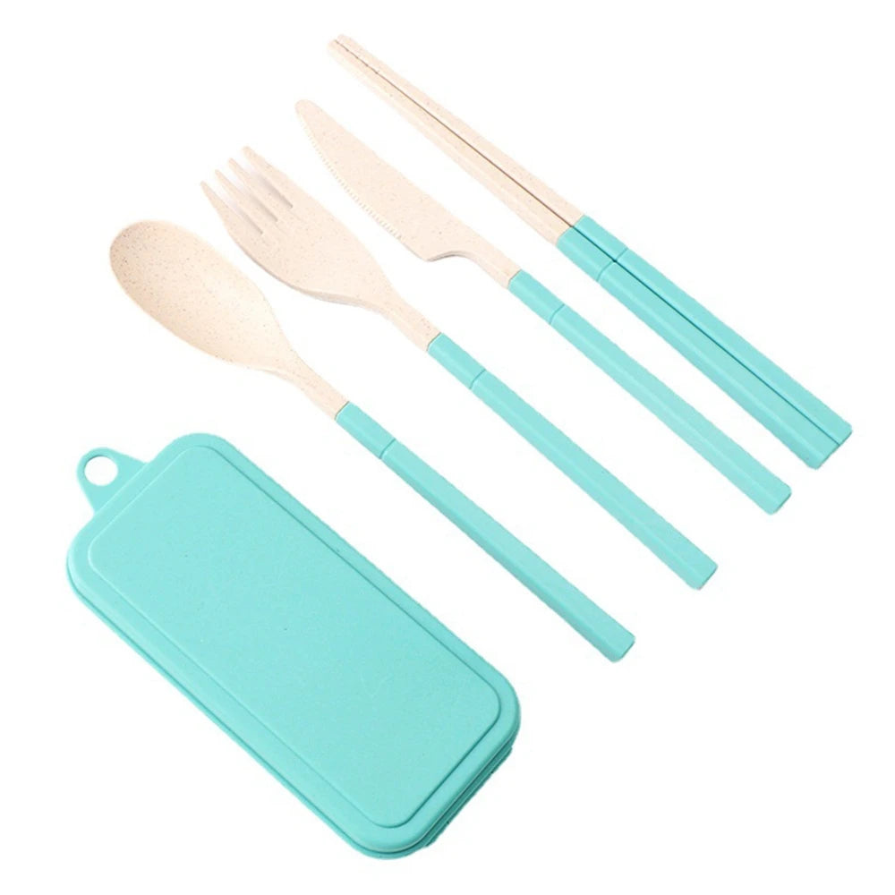 Portable Eco Friendly Wheat Straw Kids Travel Camping Spoon Fork Cutlery Utensils Set with case