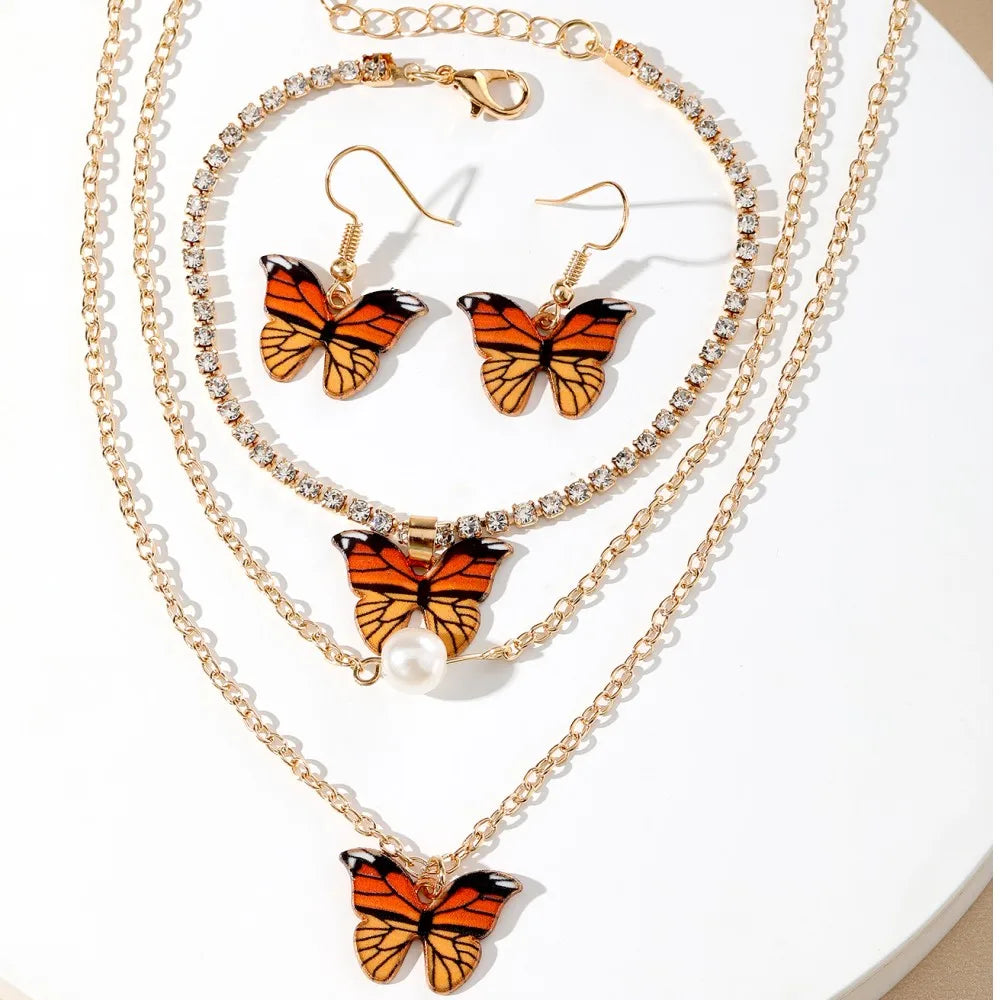 Boho Women Jewelry Set Butterfly Earrings Pendant Necklace Crystal Diamond Gold Chain Bracelet Acrylic Gift