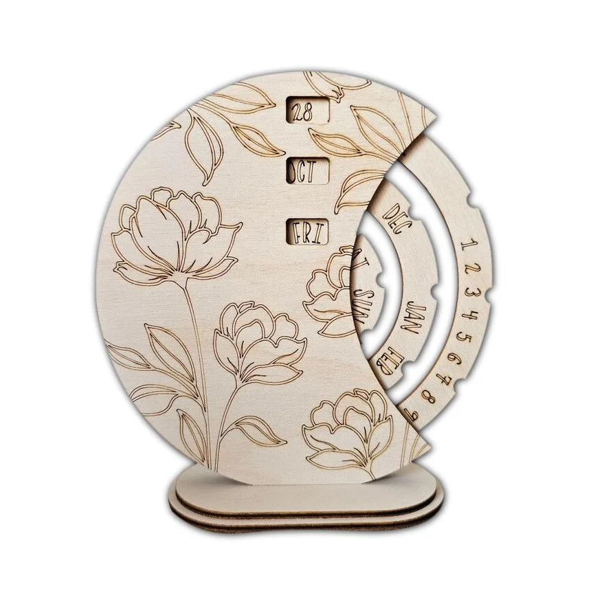 Tailai Creative Moon Design Eco-friendly Multifunction Wooden Disk Perpetual Calendar for Home Office Desk Rotatable Desktop