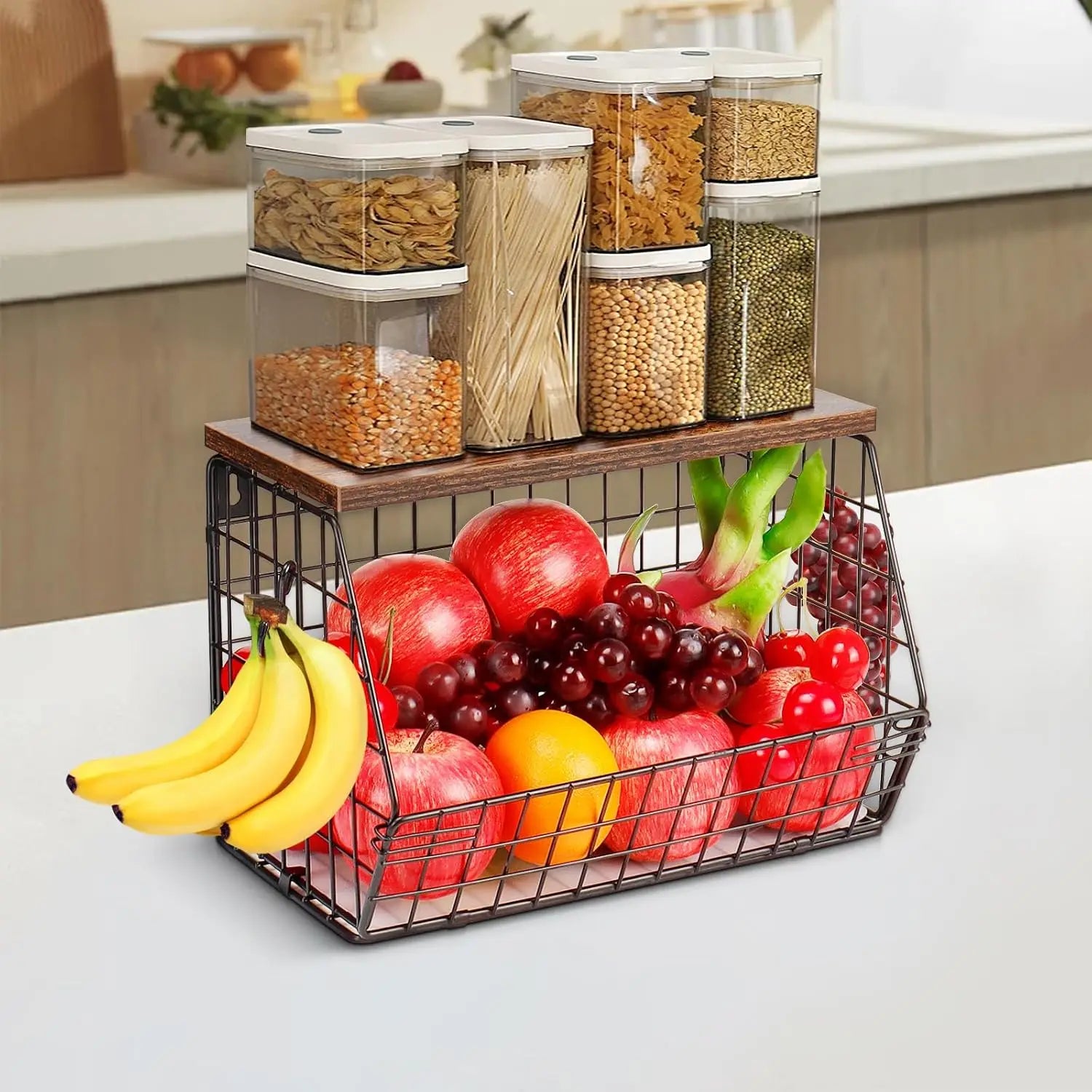 Kitchen Metal Fruit Vegetable Storage Bin with 2 Banana Hangers Magnetic Shelf Fruit Basket Organizer