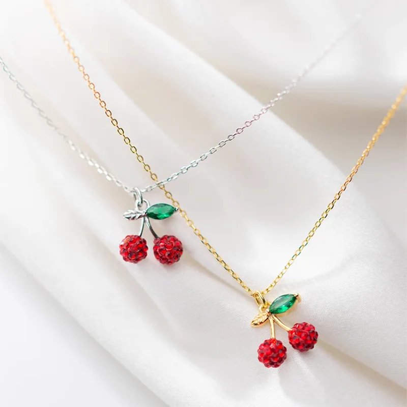 Trendy 925 Sterling Silver Cherry Collarbone Necklace Gold Plated Red Zircon Fruit Pendant Cute Geometric Design for Weddings