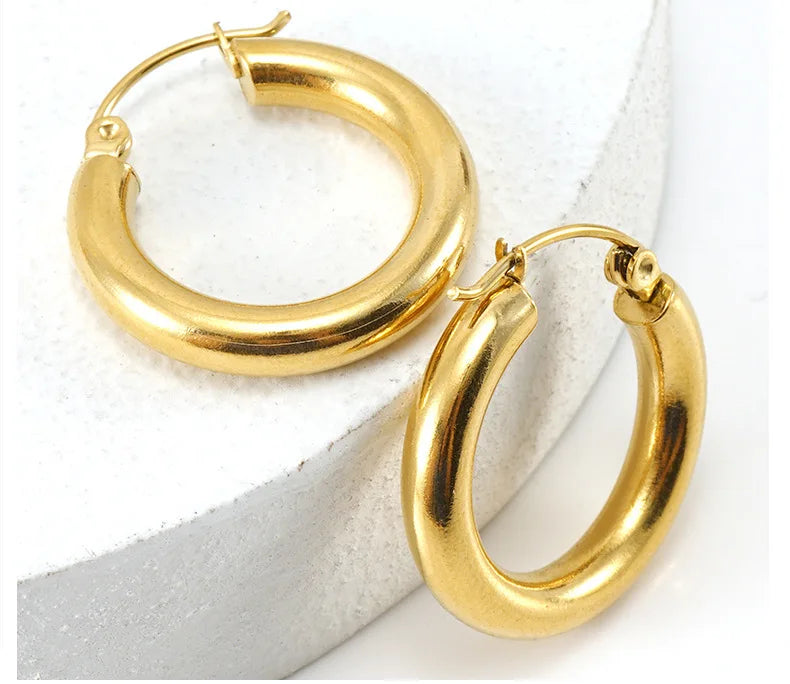 VKME High End Minimalist Women Jewelry 18K Gold Plated Stainless Steel Hypoallergenic Chunky Thick Loop Hoop Earrings for Women