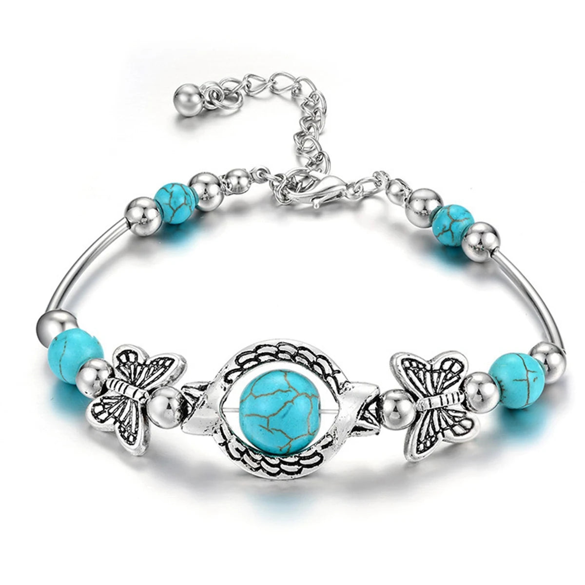 Fashionable Natural Turquoise Gemstone Pendant with Adjustable Alloy Chain Charm Bracelet for Women