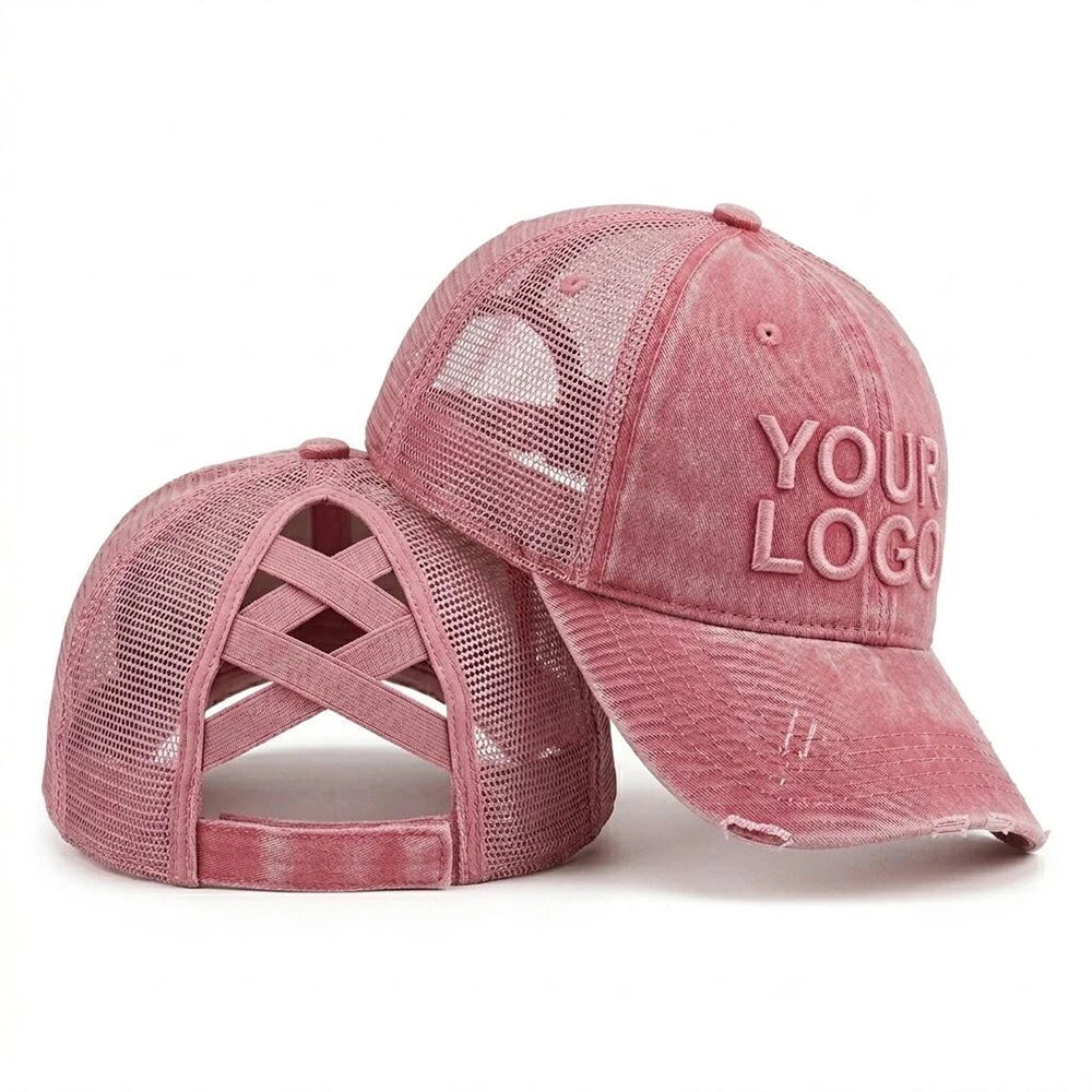 SHINY Premium Custom Logo Washed Cotton Criss Cross Ponytail Baseball Cap for Women with Distressed Messy Bun Breathable Mesh