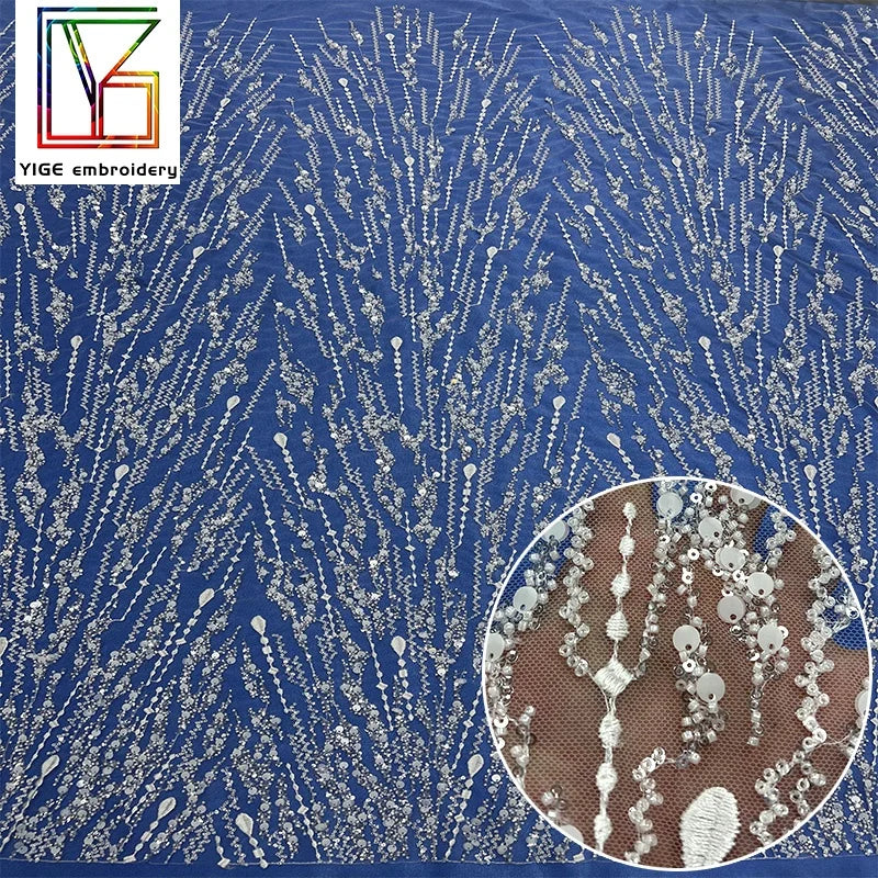 New French Lace Fabric Bridal Beaded Sequin Fabric White Embroidery Beads Lace Quality Tulle Laces Fabrics for Women